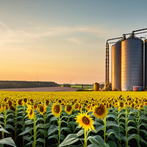Home 15 **
A Polish farmer proudly standing in his field of energy crops (corn, rapeseed, or sunflowers). In the background, a modern biogas plant. The scene should evoke a sense of sustainability and rural development, showcasing how EU subsidies have helped him invest in eco-friendly agriculture. Golden hour lighting.
**