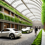 A vibrant, future-forward city scene where buildings are constructed with 'growing' mycelium and hemp materials, cars feature lightweight biocomposites, and people wear stylish clothing made from regenerated bio-fibers. Biodegradable packaging is subtly visible. Emphasize innovation, nature's integration into technology, and a clean, optimistic, European-inspired aesthetic. High detail, photorealistic.