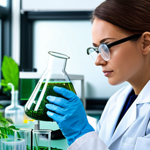 Home 7 **
"A female scientist in a laboratory setting, wearing a lab coat and safety glasses, analyzing plant extracts in beakers. Close-up on lab equipment and greenery. Focus on sustainable practices in a modern lab, fully clothed, appropriate attire, safe for work, perfect anatomy, natural proportions, professional, high quality, modest setting."
**